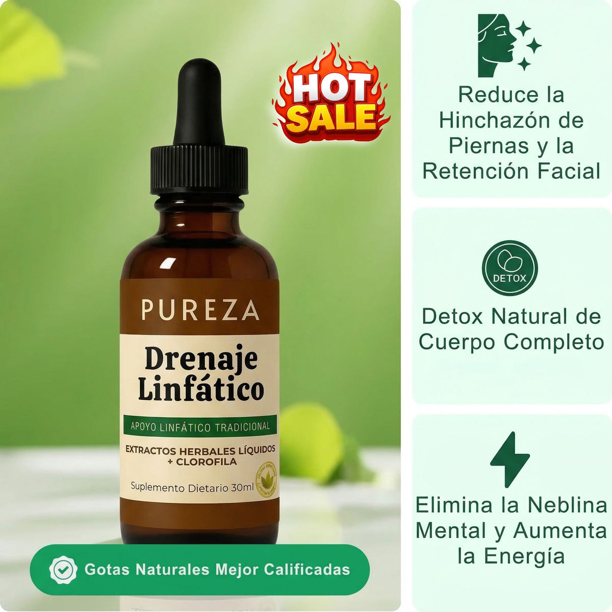 PurezaDrops™ | Drena Naturalmente la Hinchazón del Rostro, Abdomen y Piernas